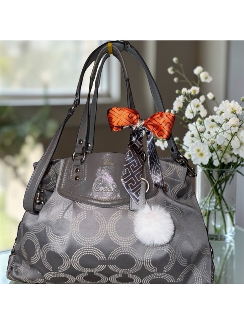Coach Ashley Gray Dotted Op Art crossbody NWOT includes🍒 charm and bag scarf